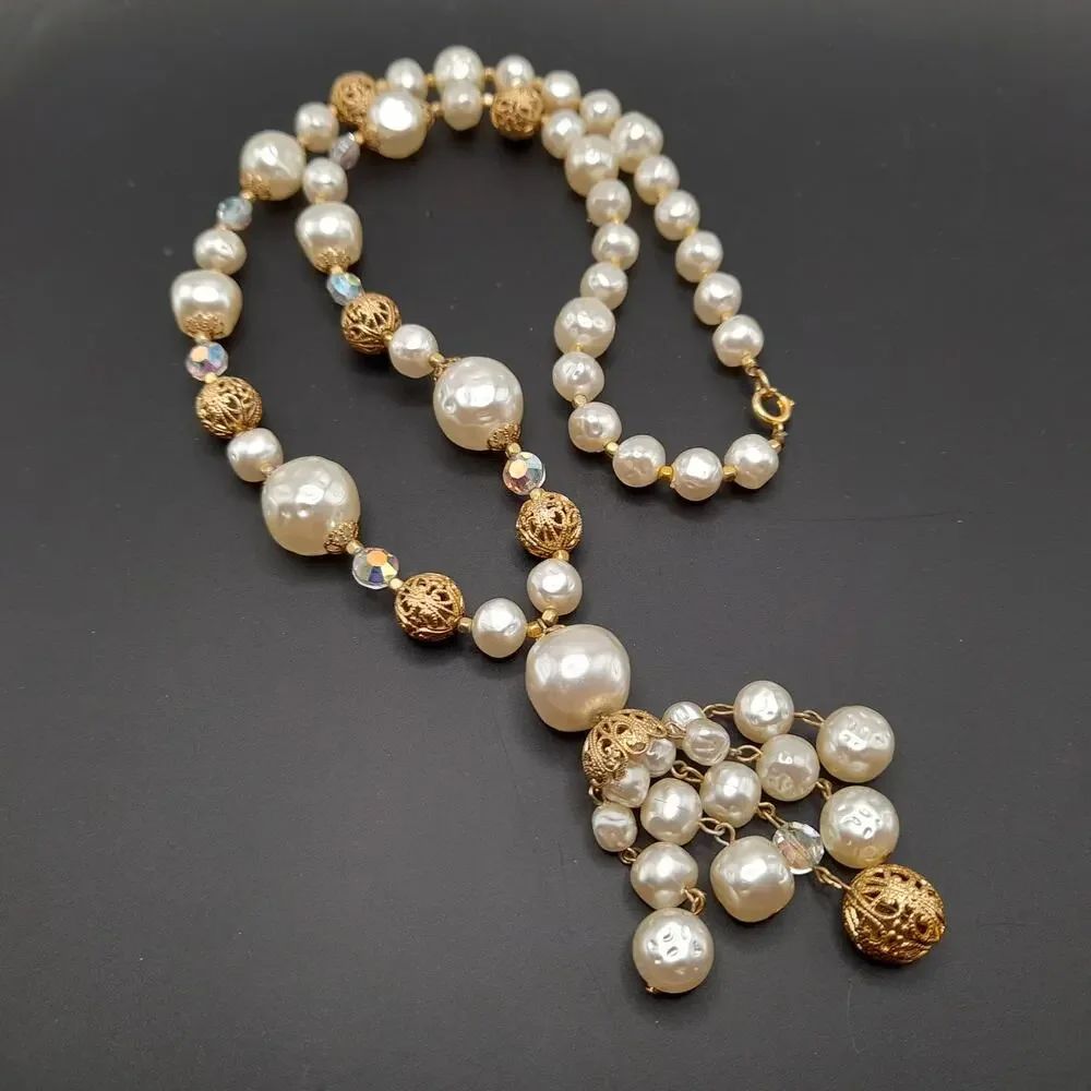 Vintage Faux Pearl Tassel Necklace, Aurora Borealis Crystals, 26
